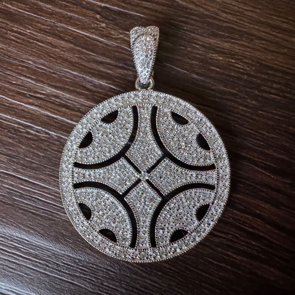 Vintage Sterling Silver & Diamond Pave Round Pendant Open Work EA 925 Hinged Bai